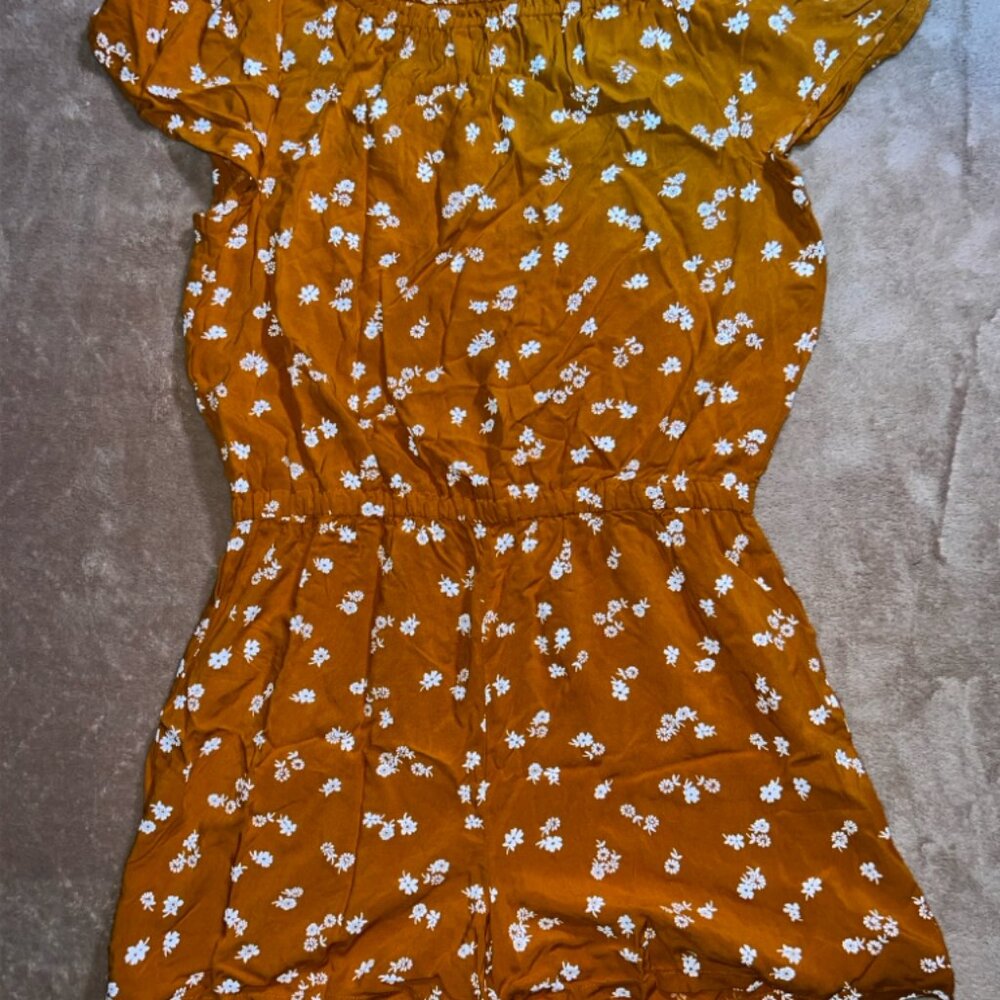Old Navy Girls XXL (16) Mustard‎ Floral Off the Shoulder Cap Short Sleeve Romper